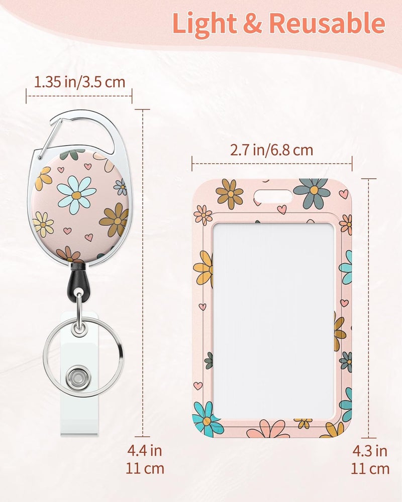 Uniclife 2 Pack Floral Sliding Badge Holder Vertical Flower Plastic Card Case Protector with Retractable Badge Reel Carabiner for Office School ID Credit Proximity Key Women Nurse Teacher Student - Image 4
